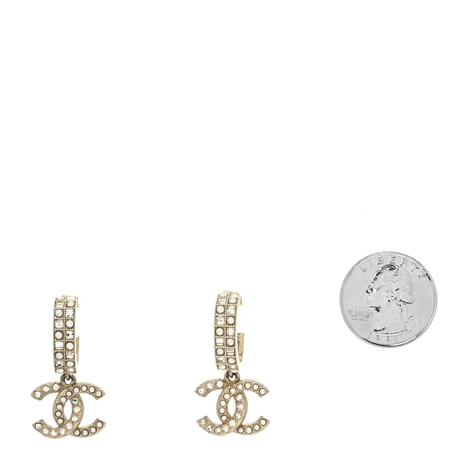 Chanel Crystal Pearl CC Hoop Drop Earrings Gold image 2 of 4