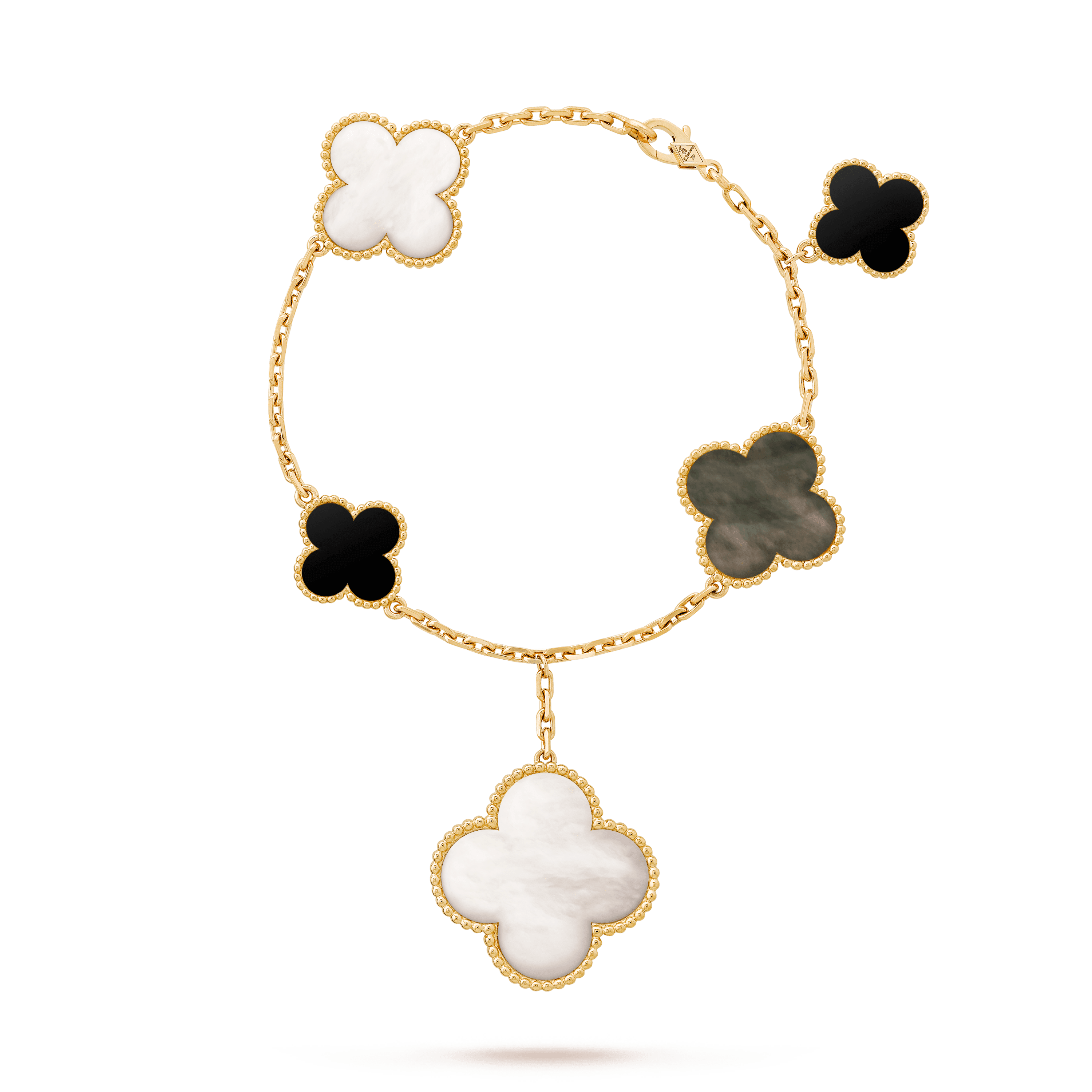 マジック アルハンブラ ブレスレット、5モチーフ イエローゴールド オニキス: 2 石 マザー オブ パール: 3 石 Front Jewelry Bracelet